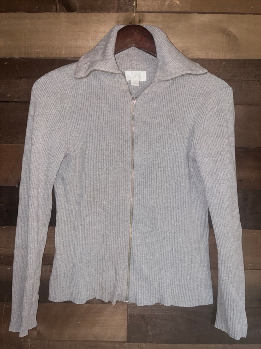 LOFT Light Gray Ribbed Zip-Up Cardigan Sweater